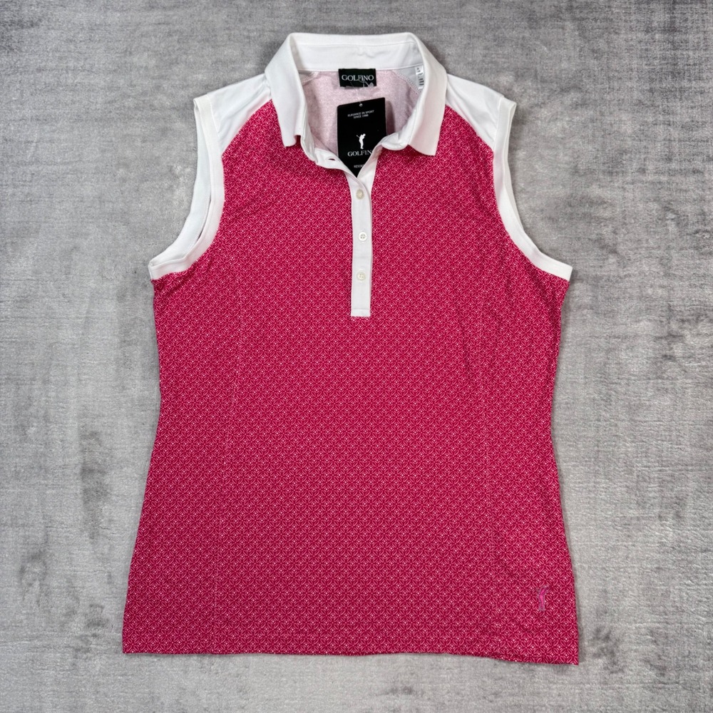 GOLFINO Shirt Womens 10 Pink Geometric Sleeveless Polo Out Of Bounds Golf